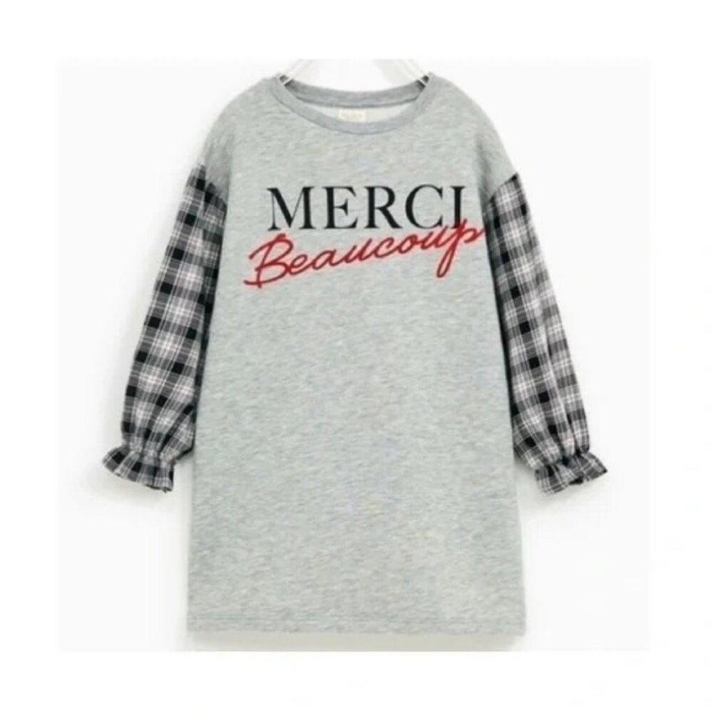 Zara Gray Girls Sweater Dress Merci Beaucoup Long Sleeve Plaid  – Size 10